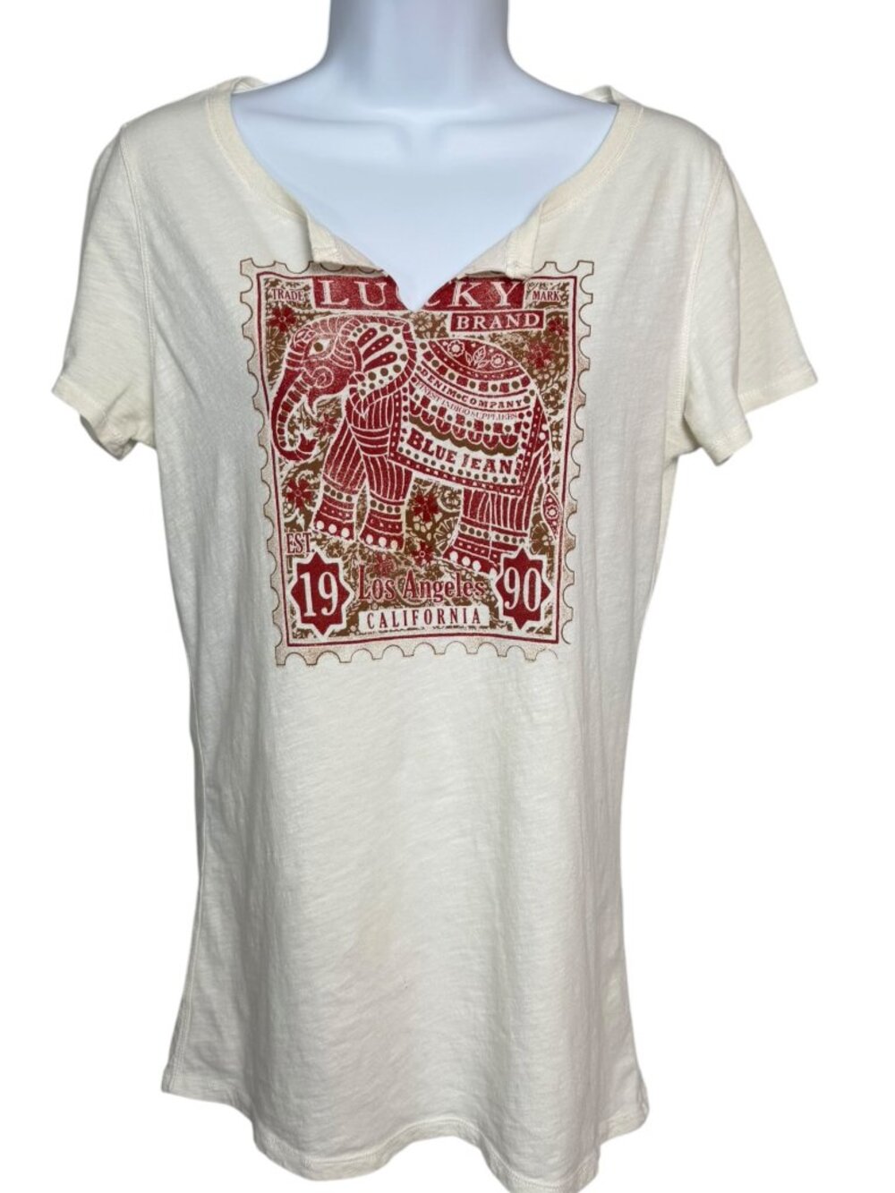 Lucky Brand Women’s M Ivory Elephant Stamp Graphic Tee Boho Notch Neck